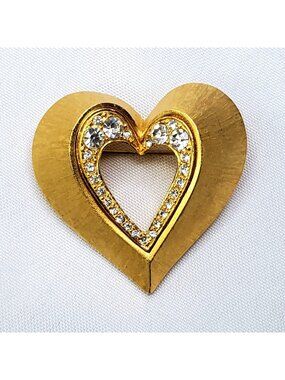 Gold Tone Rhinestone Heart Brooch Pin 1.75" Valentines Love Relationship